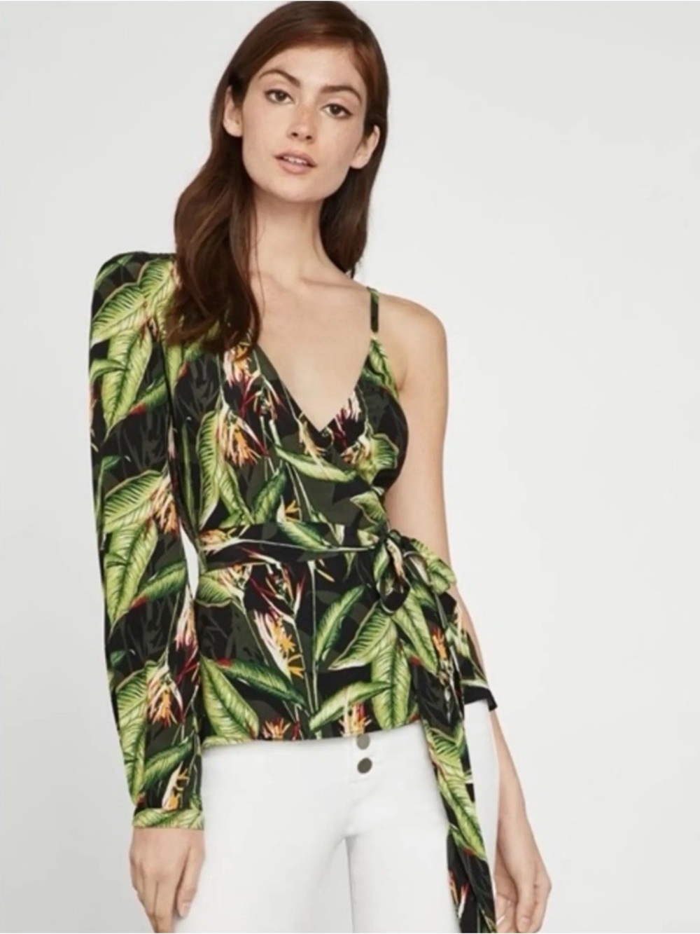 BCBGMaxAzria Black Tropical One-Shoulder Wrap Blouse with Green Leaf Print